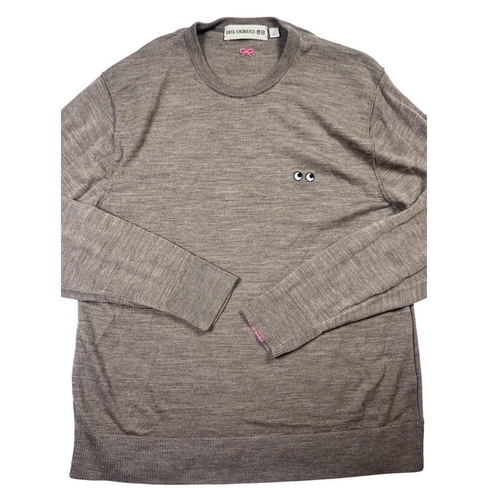 Anya Hindmarch X Uniqlo merino wool Sweater Men's XL Gray Playful Eye Embroidery